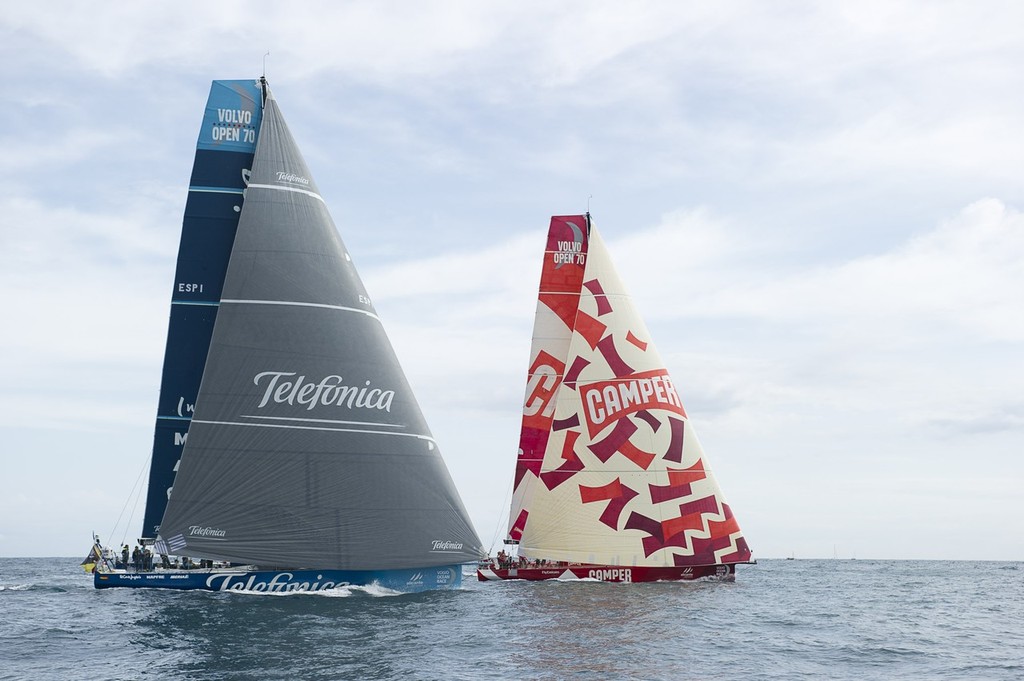 CAMPER with Emirates Team New Zealand rolls Telefonica on the final leg. Alicante In Shore Race of the Volvo Ocean Race. 29/10/2011. photo copyright Emirates Team New Zealand http://www.etnzblog.com taken at  and featuring the  class