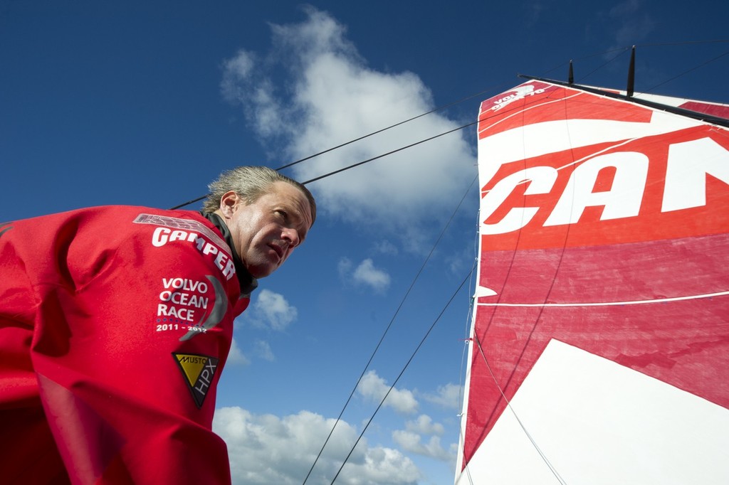 Skipper Chris Nicholson onboard CAMPER with Emirates Team New Zealand, sailing on the Hauraki Gulf. 20/4/2011 © Chris Cameron/ETNZ http://www.chriscameron.co.nz