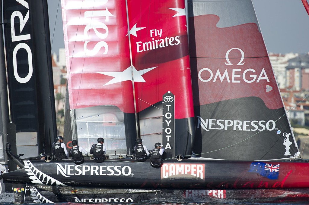 Emirates Team New Zealand and Oracle Racing Spithill in their match race on day three of the first America's Cup World Series event, Cascai Portugal. 10/8/2011 photo copyright Chris Cameron/ETNZ http://www.chriscameron.co.nz taken at  and featuring the  class