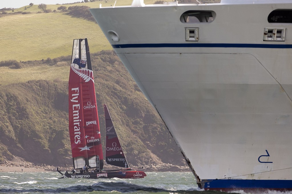 Emirates Team New Zealand waits for the start of race four of the America’s Cup World Series preliminaries on day two in Plymouth. 11/9/2011 © Chris Cameron/ETNZ http://www.chriscameron.co.nz