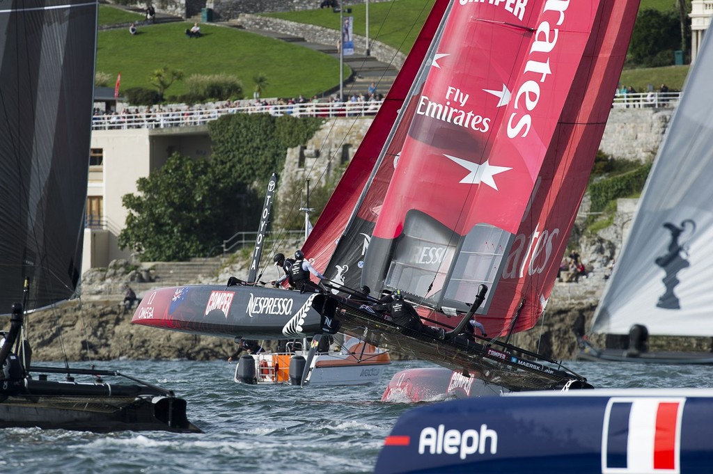 Emirates Team New Zealand lead at the first bottom mark rounding in the last race on day four of the America’s Cup World Series in Plymouth, England.  © Chris Cameron/ETNZ http://www.chriscameron.co.nz