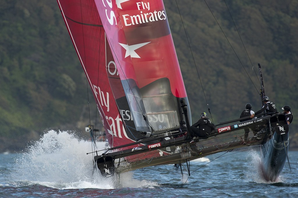 Emirates Team New Zealand races Oracle Racing Coutts in the semi final of the America's Cup World Series in Plymouth, England.16/9/2011 photo copyright Chris Cameron/ETNZ http://www.chriscameron.co.nz taken at  and featuring the  class