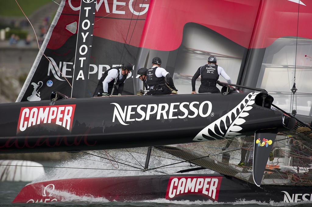 Emirates Team New Zealand sail against Team Korea in the finals of the match racing stage of the America’s Cup World Series in Plymouth.  © Chris Cameron/ETNZ http://www.chriscameron.co.nz