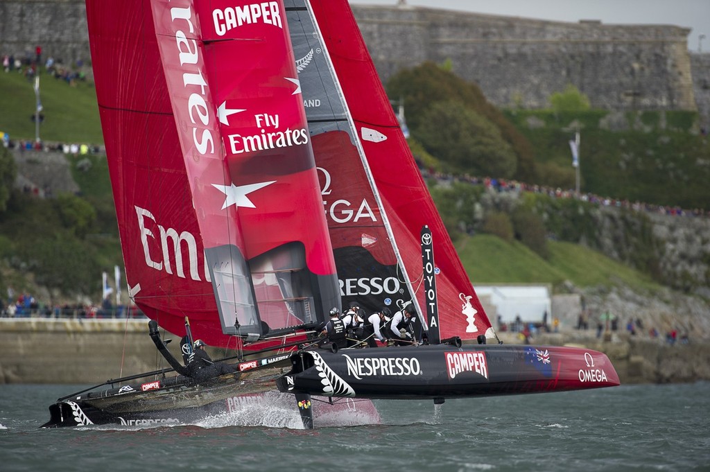 Emirates Team New Zealand sail against Team Korea in the finals of the match racing stage of the America's Cup World Series in Plymouth. 17/9/2011 photo copyright Chris Cameron/ETNZ http://www.chriscameron.co.nz taken at  and featuring the  class