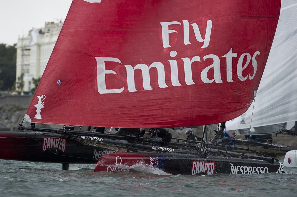 Emirates Team New Zealand sail against Team Korea in the finals of the match racing stage of the America’s Cup World Series in Plymouth.  © Chris Cameron/ETNZ http://www.chriscameron.co.nz