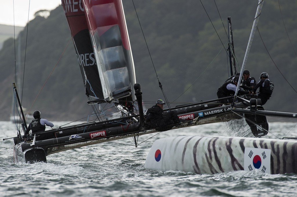 Emirates Team New Zealand sail against Team Korea in the finals of the match racing stage of the America’s Cup World Series in Plymouth.  © Chris Cameron/ETNZ http://www.chriscameron.co.nz