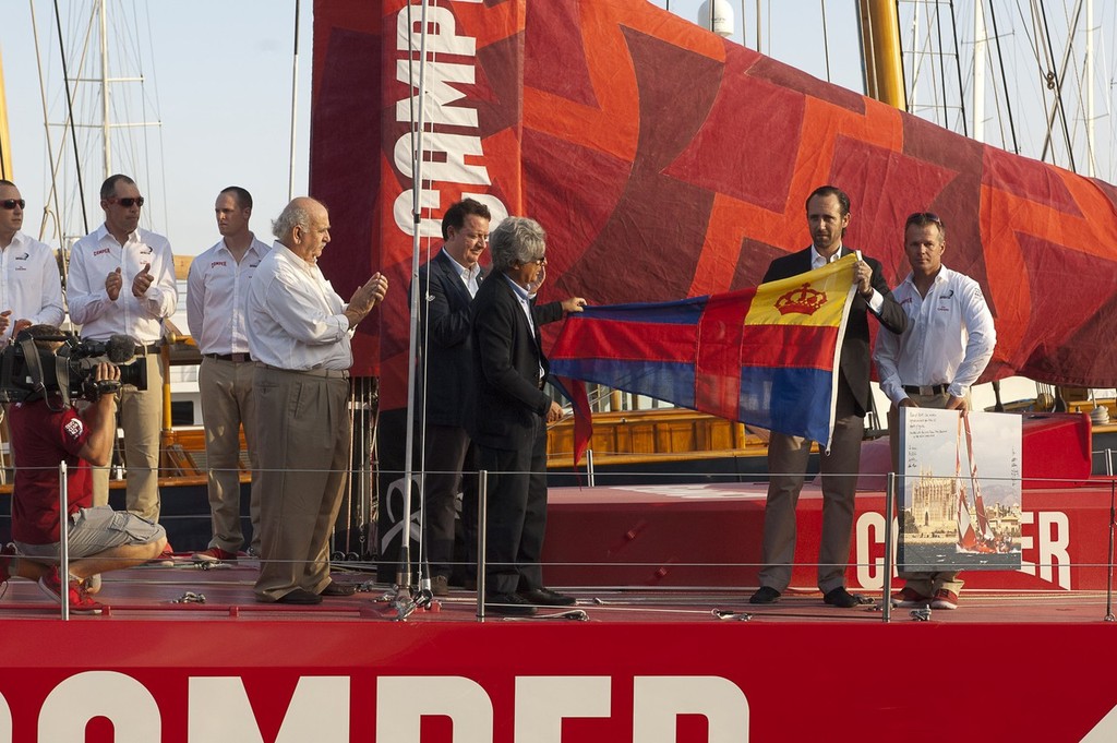 Senor Bauza, President of the Baliaeric Islands presents the Real Club Nautico de Palma Burgee to  CAMPER with Emirates Team New Zealand at the official christening in Mallorca. 22/9/2011 © Chris Cameron/ETNZ http://www.chriscameron.co.nz