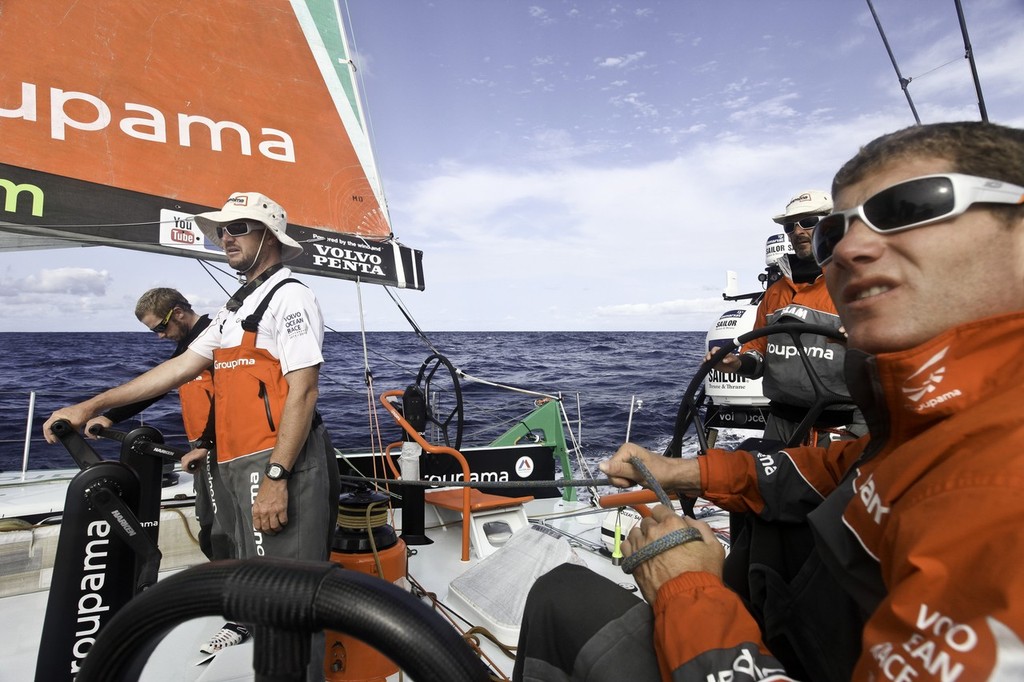 Groupama Sailing Team during leg 1 of the Volvo Ocean Race 2011-12, from Alicante, Spain to Cape Town, South Africa. (Credit: Yann Riou/Groupama Sailing Team/Volvo Ocean Race) photo copyright Yann Riou/Groupama Sailing Team /Volvo Ocean Race http://www.cammas-groupama.com/ taken at  and featuring the  class