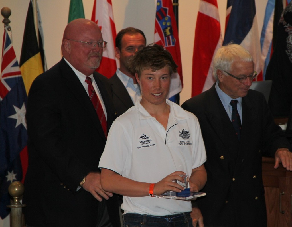 Nicholas Connor receiving his trophy at St Francis Yacht Club - Laser 4.7 World Championships © Richard Scarr