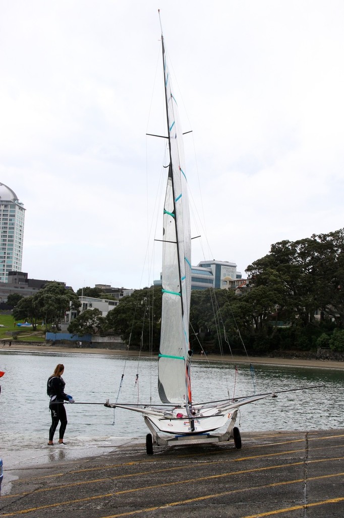 The wide beam of the 49er wings and 900mm lower rig gives the Mackay Womens High Performance Skiff Trials entrant unexpected stbility - Takapuna October 2011 photo copyright Richard Gladwell www.photosport.co.nz taken at  and featuring the  class