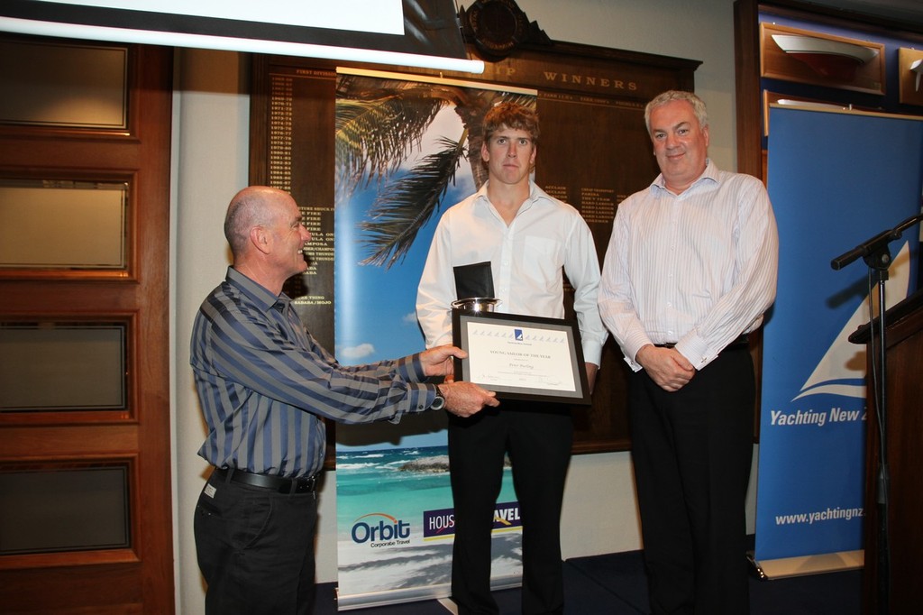 Grant Beck presents Peter Burling with the Young Sailor of the Year Trophy photo copyright Richard Gladwell www.photosport.co.nz taken at  and featuring the  class