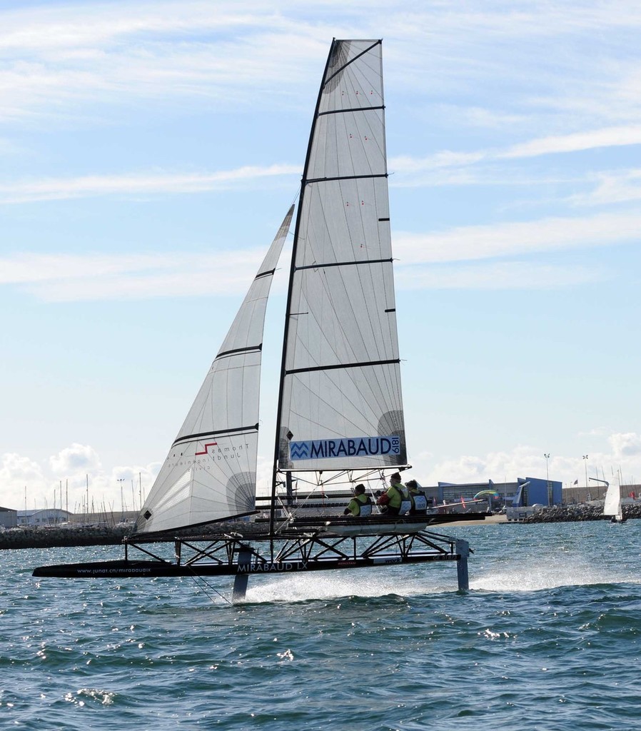 Mirabaud at full throttle in front of the Weymouth and Portland National Sailing Academy 2010 photo copyright Dorset Media taken at  and featuring the  class