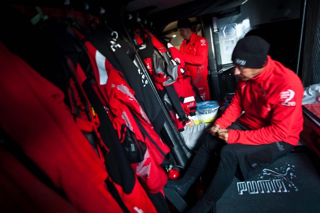 For Kelvin Harrap (close) and Brad Jackson (far), watch routines and life below after the dismasting has not changed much.  © Amory Ross/Puma Ocean Racing/Volvo Ocean Race http://www.puma.com/sailing