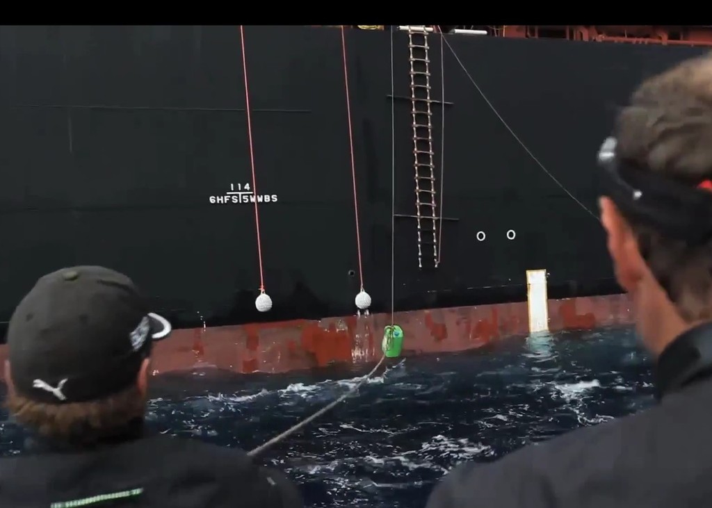 Hauling jerrycans across from the ZIM Monaco - Puma loading diesel - Leg 1 Volvo Ocean Race © Amory Ross/Puma Ocean Racing/Volvo Ocean Race http://www.puma.com/sailing