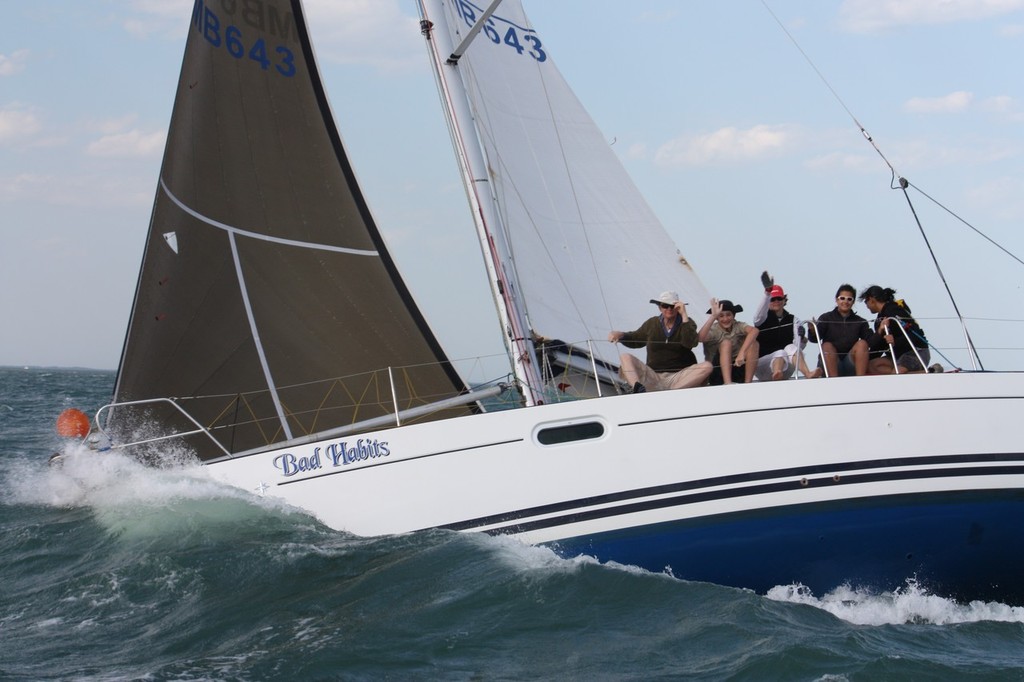 Barry Thompon's Bad Habits started the first racecday with champagne and finished it with warm beer, at least they were still smiling - Ensign Yachts QLD French Yacht Challenge and Beneteau Cup 2011 photo copyright Tracey Johnstone taken at  and featuring the  class