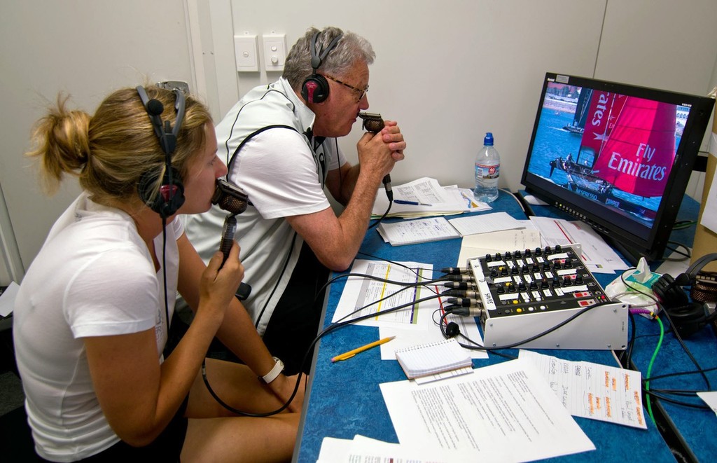 Commentators try to stay with the action - Cascais 2011 -  TV Compound © Ricardo Pinto http://www.americascup.com