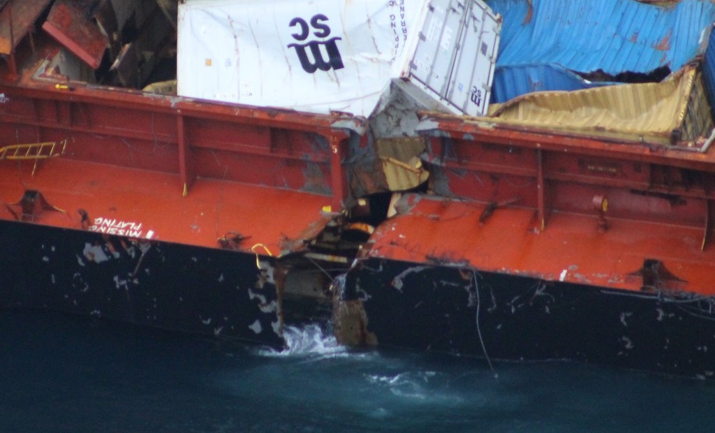 Close up of the port side of the Rena showing the large hole and free ingress of seawater into the ship © Maritime NZ www.maritimenz.govt.nz
