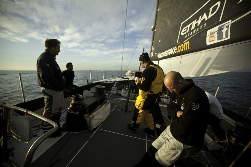Skipper Ian Walker and the crew of Abu Dhabi Ocean Racing retire from leg 1 of the Volvo Ocean Race 2011-12, from Alicante, Spain to Cape Town, South Africa. (Credit: Nick Dana/Abu Dhabi Ocean Racing/Volvo Ocean Race) photo copyright Nick Dana/Abu Dhabi Ocean Racing /Volvo Ocean Race http://www.volvooceanrace.org taken at  and featuring the  class