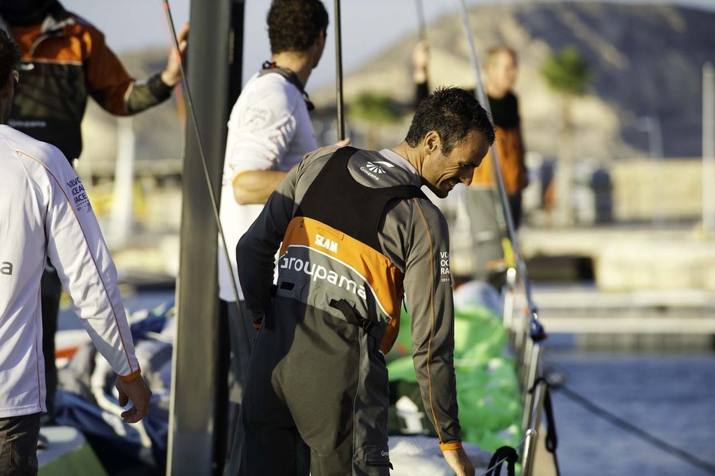 Groupama Sailing Team, skippered by Franck Cammas arrives into the start city of Alicante, prior to the start of the Volvo Ocean race 2011-12. © Paul Todd/Outside Images http://www.outsideimages.com