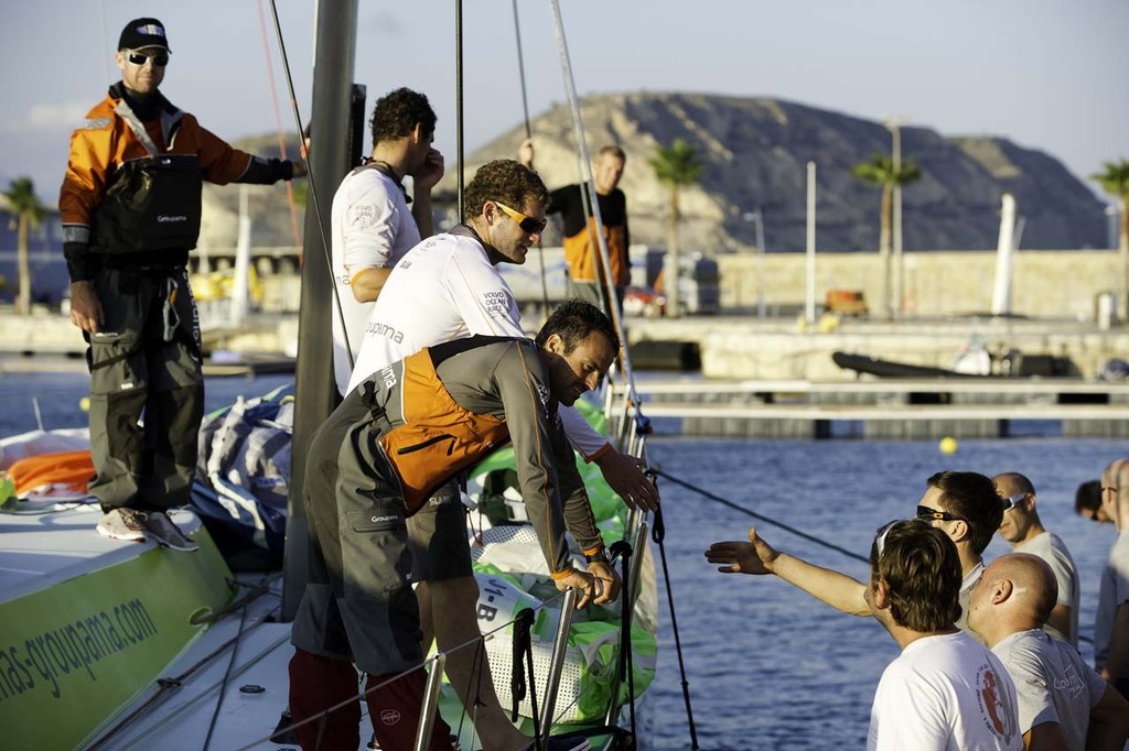 Groupama Sailing Team, skippered by Franck Cammas arrives into the start city of Alicante, prior to the start of the Volvo Ocean race 2011-12. © Paul Todd/Outside Images http://www.outsideimages.com