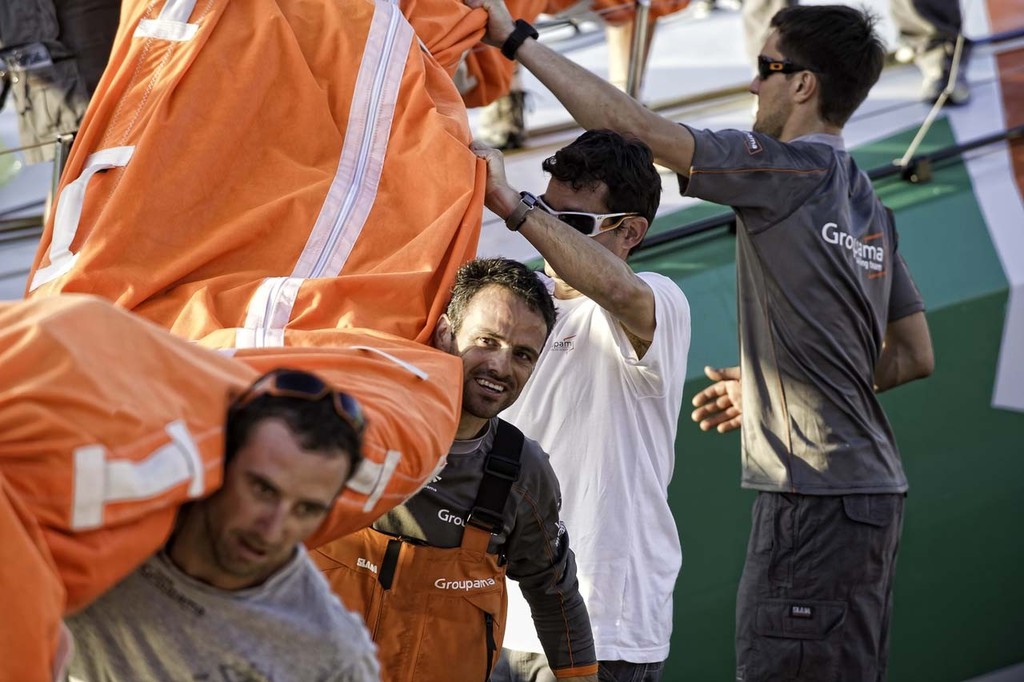 Groupama Sailing Team, skippered by Franck Cammas arrives into the start city of Alicante, prior to the start of the Volvo Ocean race 2011-12. © Paul Todd/Outside Images http://www.outsideimages.com