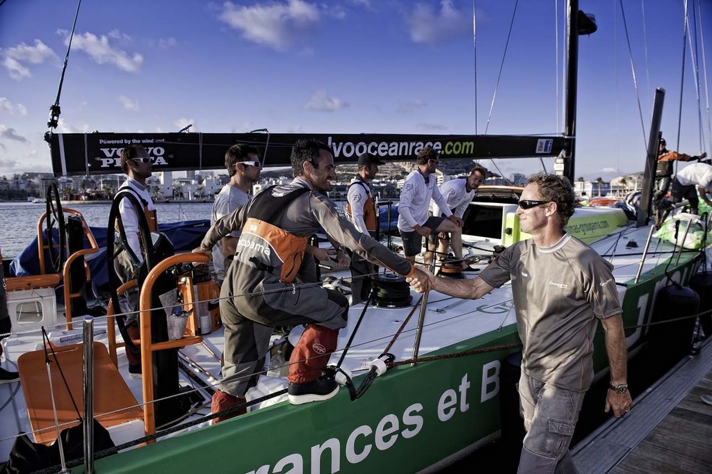 Groupama Sailing Team, skippered by Franck Cammas arrives into the start city of Alicante, prior to the start of the Volvo Ocean race 2011-12. © Paul Todd/Outside Images http://www.outsideimages.com