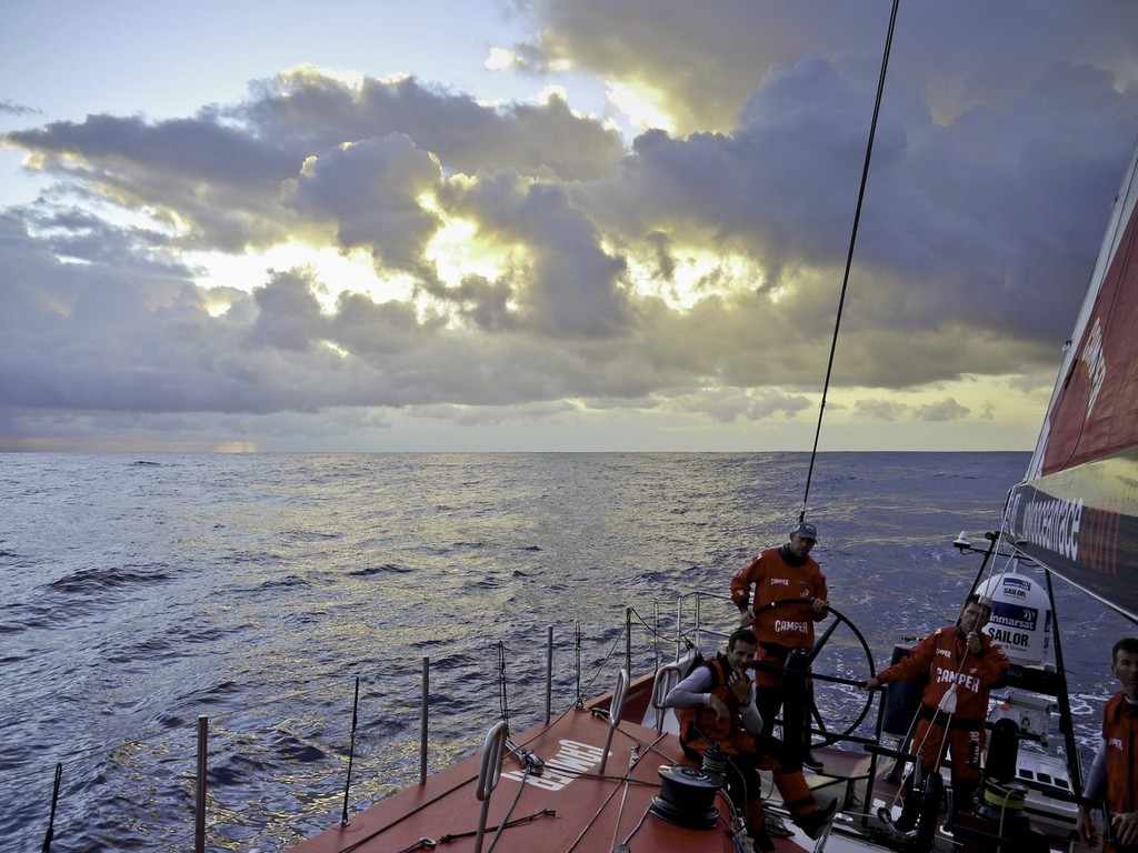 Crew encountering yet more frustrating light breeze  onboard CAMPER with Emirates Team New Zealand during leg 1 of the Volvo Ocean Race 2011-12 © Hamish Hooper/Camper ETNZ/Volvo Ocean Race