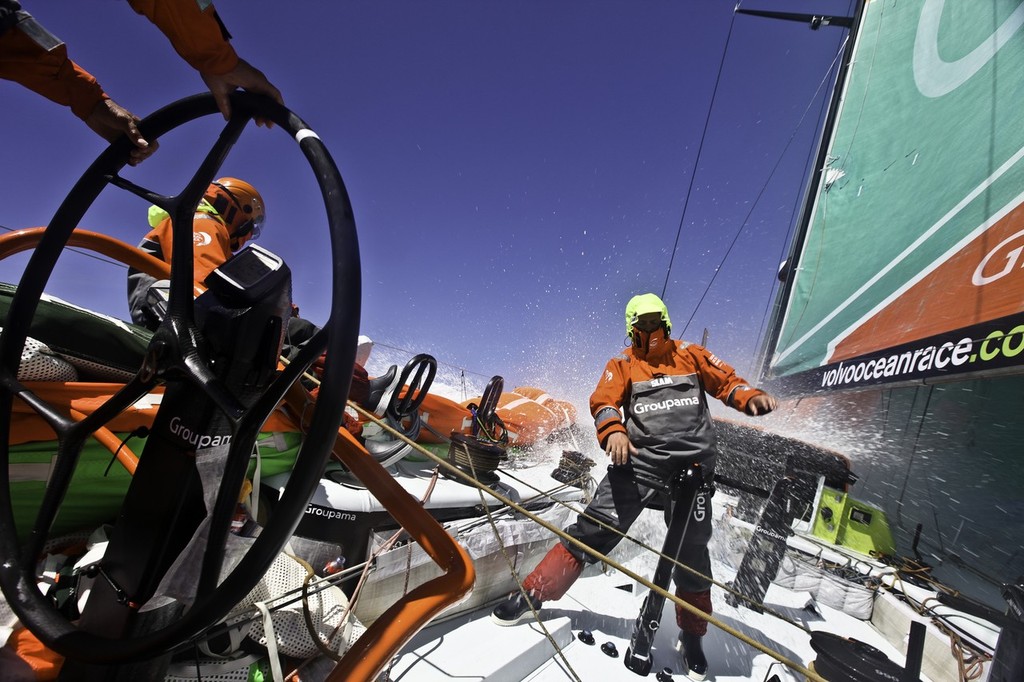 Martin Stromberg from Sweden at the grinder, onboard Groupama Sailing Team during leg 1 of the Volvo Ocean Race 2011-12 © Yann Riou/Groupama Sailing Team /Volvo Ocean Race http://www.cammas-groupama.com/