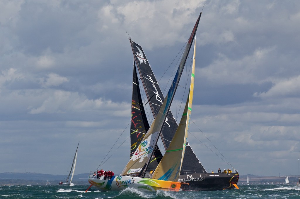  Team Sanya skippered by Mike Sanderson from New Zealand and Abu Dhabi Ocean Racing skippered by Ian Walker from the UK at the start of the Rolex Fastnet Race. © Ian Roman/Volvo Ocean Race http://www.volvooceanrace.com