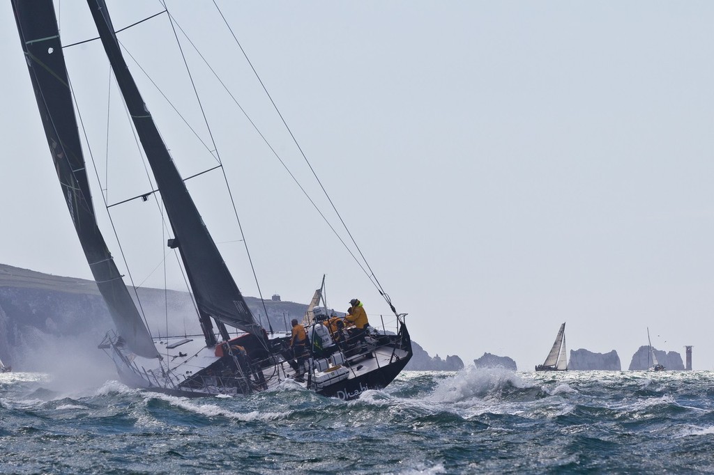 UK, Solent. 14th August 2011. Abu Dhabi Ocean Racing skippered by Ian Walker from the UK approaching The Needles at the start of the Rolex Fastnet Race. © Volvo Ocean Race http://www.volvooceanrace.com