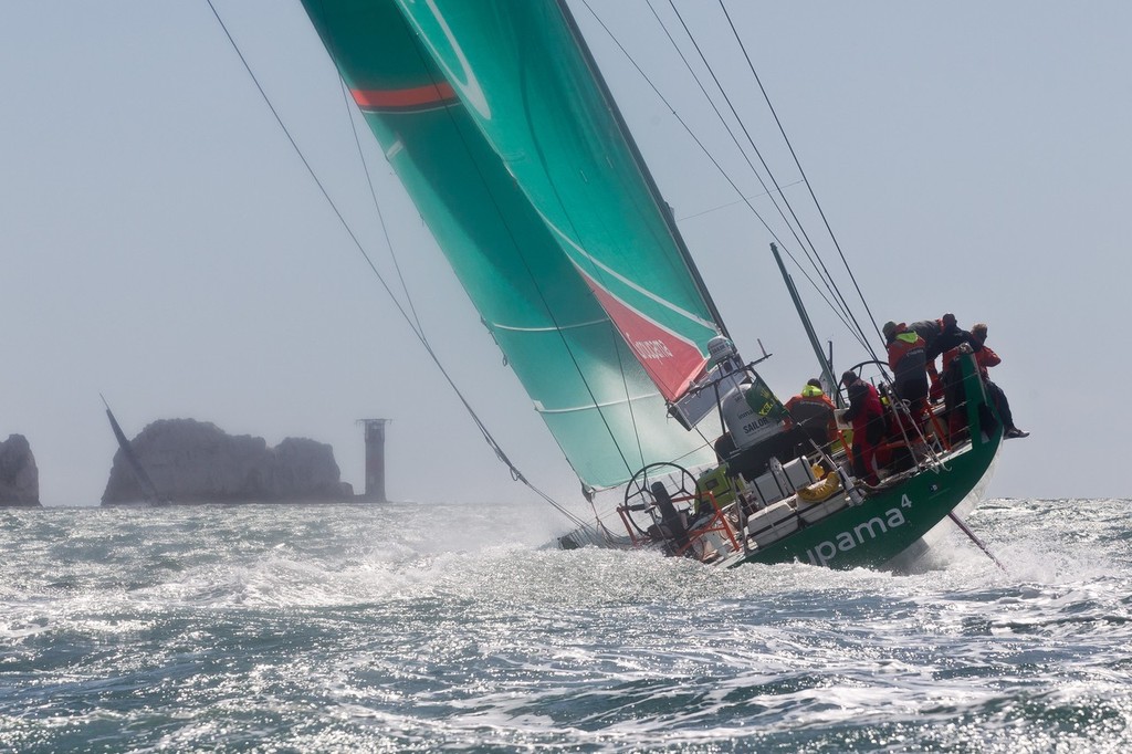 Groupama Sailing Team skippered by Franck Cammas from France approaching The Needles at the start of the Rolex Fastnet Race. © Ian Roman/Volvo Ocean Race http://www.volvooceanrace.com