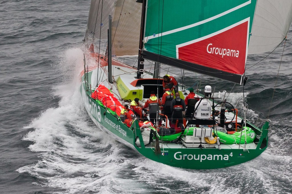Groupama Sailing Team skippered by Franck Cammas from France, at the finish of the Rolex Fastnet Race. © Ian Roman/Volvo Ocean Race http://www.volvooceanrace.com