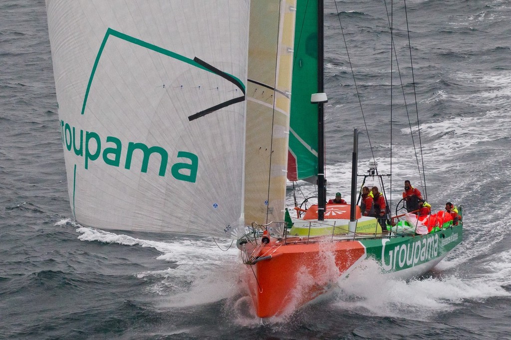 Groupama Sailing Team skippered by Franck Cammas from France, at the finish of the Rolex Fastnet Race. © Ian Roman/Volvo Ocean Race http://www.volvooceanrace.com