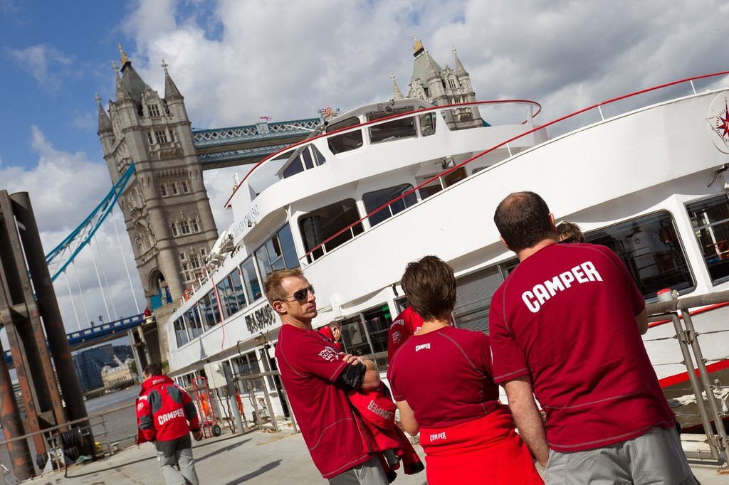 England, London. 5th September 2011. CAMPER with Emirates Team New Zealand wait for their Volvo Open 70 to sail down the River Thames. © Ian Roman/Volvo Ocean Race http://www.volvooceanrace.com