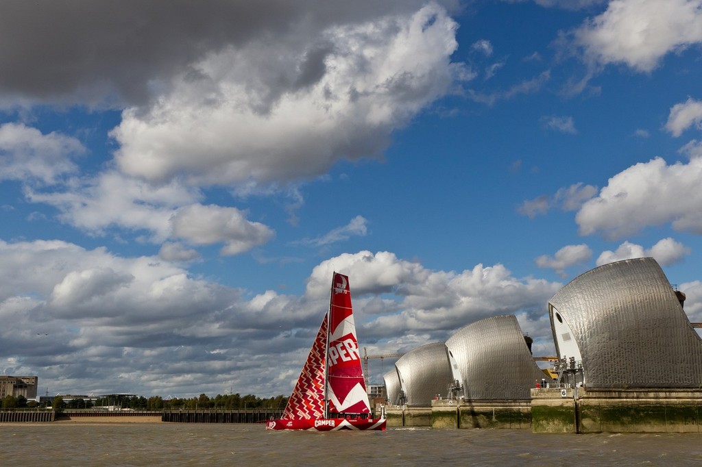 England, London. 5th September 2011. CAMPER with Emirates Team New Zealand sail up the River Thames, past the Thames Barrier. © Ian Roman/Volvo Ocean Race http://www.volvooceanrace.com