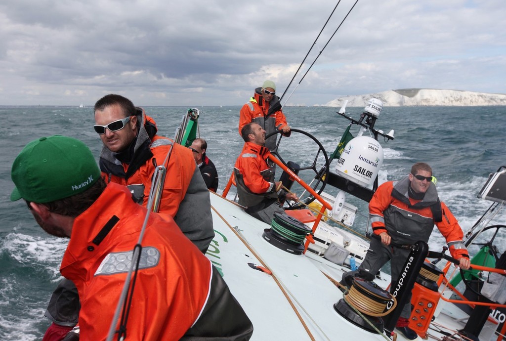 Groupama Sailing Team skippered by Franck Cammas from France go past The Needles in the Rolex Fastnet Race.  © Volvo Ocean Race http://www.volvooceanrace.com