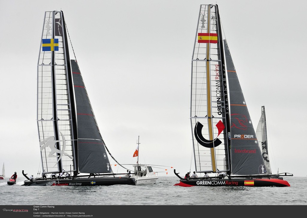 Green Comm Racing lead Artemis Racing - Day 1, America’s Cup World Series, Cascais © Pierre Orphanidis/Green Comm