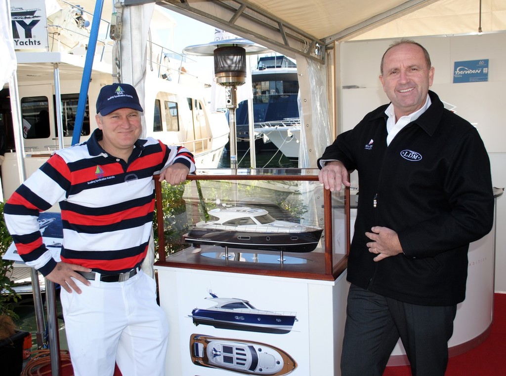 BSA’s Andy Young (left) and Lee Dillon from Belize Motoryachts discuss the launch of the first Belize 52 Hardtop Motoryacht in Sydney. &copy; Imprint Media