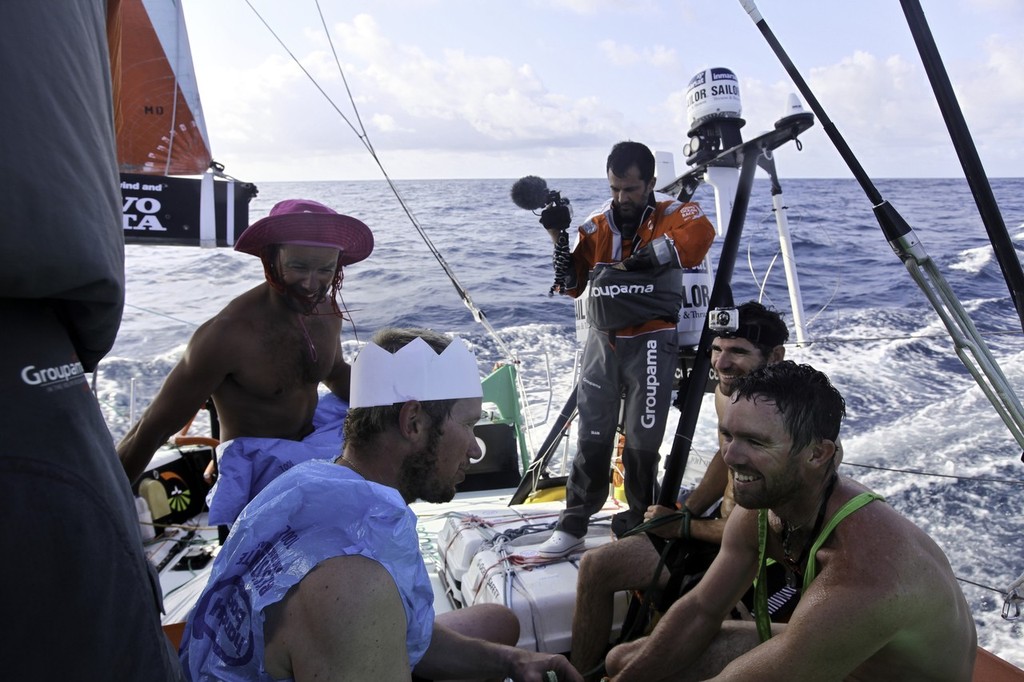 Media Crew Member Yann Riou filming King Neptune onboard Groupama Sailing Team during leg 1 of the Volvo Ocean Race 2011-12 © Yann Riou/Groupama Sailing Team /Volvo Ocean Race http://www.cammas-groupama.com/