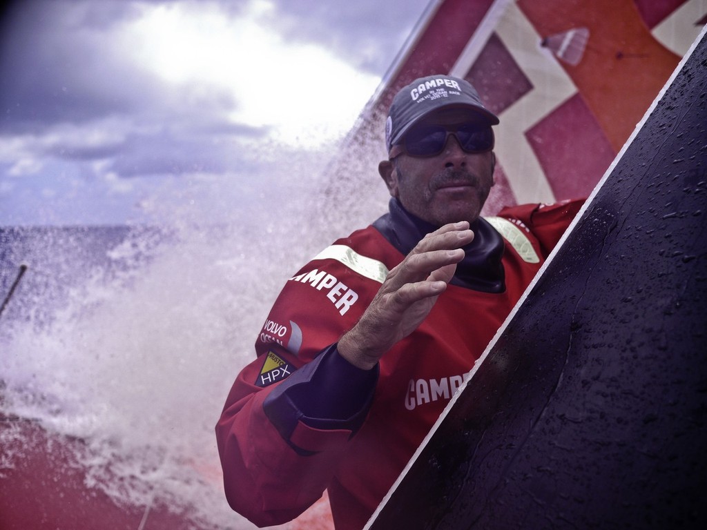 Rob Salthouse taking care of some rigging checks onboard CAMPER with Emirates Team New Zealand during leg 1 of the Volvo Ocean Race 2011-12 © Hamish Hooper/Camper ETNZ/Volvo Ocean Race