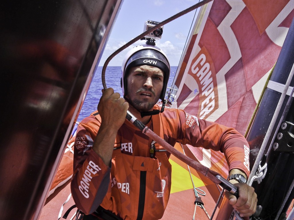 Mike Pammenter getting set to go up for a rig check CAMPER with Emirates Team New Zealand during leg 1 of the Volvo Ocean Race 2011-12, from Alicante, Spain to Cape Town, South Africa.  &copy; Hamish Hooper/Camper ETNZ/Volvo Ocean Race