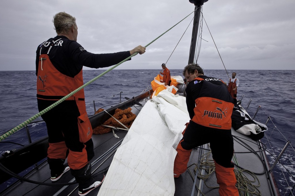 PUMA Ocean Racing powered by BERG, skippered by Ken Read from the USA has suffered a broken mast on the first leg of the Volvo Ocean Race 2011-12, which began 17 days ago from Alicante, Spain. The rig onboard PUMAÕs Mar Mostro failed at around 15:00 UTC in the southern Atlantic Ocean, about 2,150 nautical miles from Cape Town, South Africa.  © Amory Ross/Puma Ocean Racing/Volvo Ocean Race http://www.puma.com/sailing