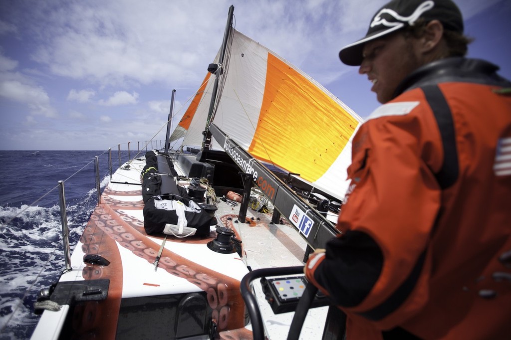 Rome Kirby driving with the jury rig after Puma Ocean Racing powered by Berg was dismasted during leg 1 of the Volvo Ocean Race 2011-12, from Alicante, Spain to Cape Town, South Africa.  © Amory Ross/Puma Ocean Racing/Volvo Ocean Race http://www.puma.com/sailing