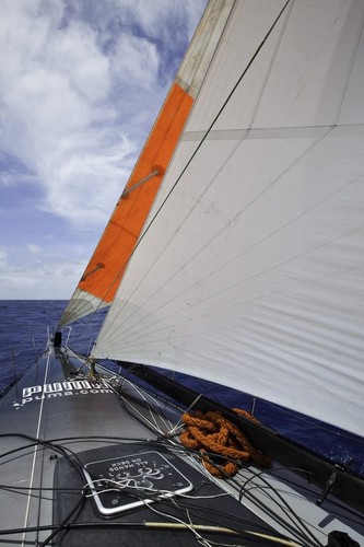 The jury rig carries two sails after Puma Ocean Racing powered by Berg was dismasted during leg 1 of the Volvo Ocean Race 2011-12, from Alicante, Spain to Cape Town, South Africa.  © Amory Ross/Puma Ocean Racing/Volvo Ocean Race http://www.puma.com/sailing