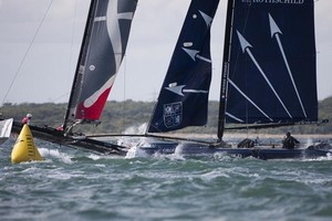 Groupe Edmond De Rothschild, crashing into Artemis Racing - Extreme Sailing Series Cowes photo copyright Lloyd Images http://lloydimagesgallery.photoshelter.com/ taken at  and featuring the  class
