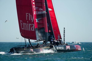 Emirates Team New Zealand in the 40 minute race of the preliminaries for the first America's Cup World Series event in Cascais. 7/8/2011 - America's Cup World Series - Day 2 - Cascais photo copyright Chris Cameron/ETNZ http://www.chriscameron.co.nz taken at  and featuring the  class