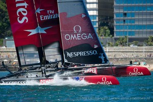 Emirates Team New Zealand win the Speed Trials of the first America's Cup World Series event in Cascais with a best speed over 500 metres of 42.35 km/h. 7/8/2011 - America's Cup World Series - Day 2 - Cascais photo copyright Chris Cameron/ETNZ http://www.chriscameron.co.nz taken at  and featuring the  class