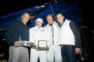 Line Honours presentation, l-r: Georges Bonello Dupuis, Commodore RMYC, Igor Simcic, Owner ESIMIT, Jochen Schümann, skipper ESIMIT; Malcolm Lowell Jr. (Edwards Lowell Co. Ltd.)  - Rolex Middle Sea Race 2011 photo copyright Rolex / René Rossignud taken at  and featuring the  class