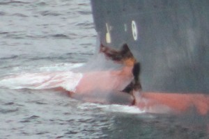 Close up of the bow of the Rena showing the bow has broken away from her hull photo copyright Maritime NZ www.maritimenz.govt.nz taken at  and featuring the  class