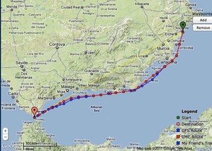 Volvo Ocean Race Day 1 Prognosis - Predictwind.com showing a 24 hour direct course for Gibraltar photo copyright PredictWind.com www.predictwind.com taken at  and featuring the  class